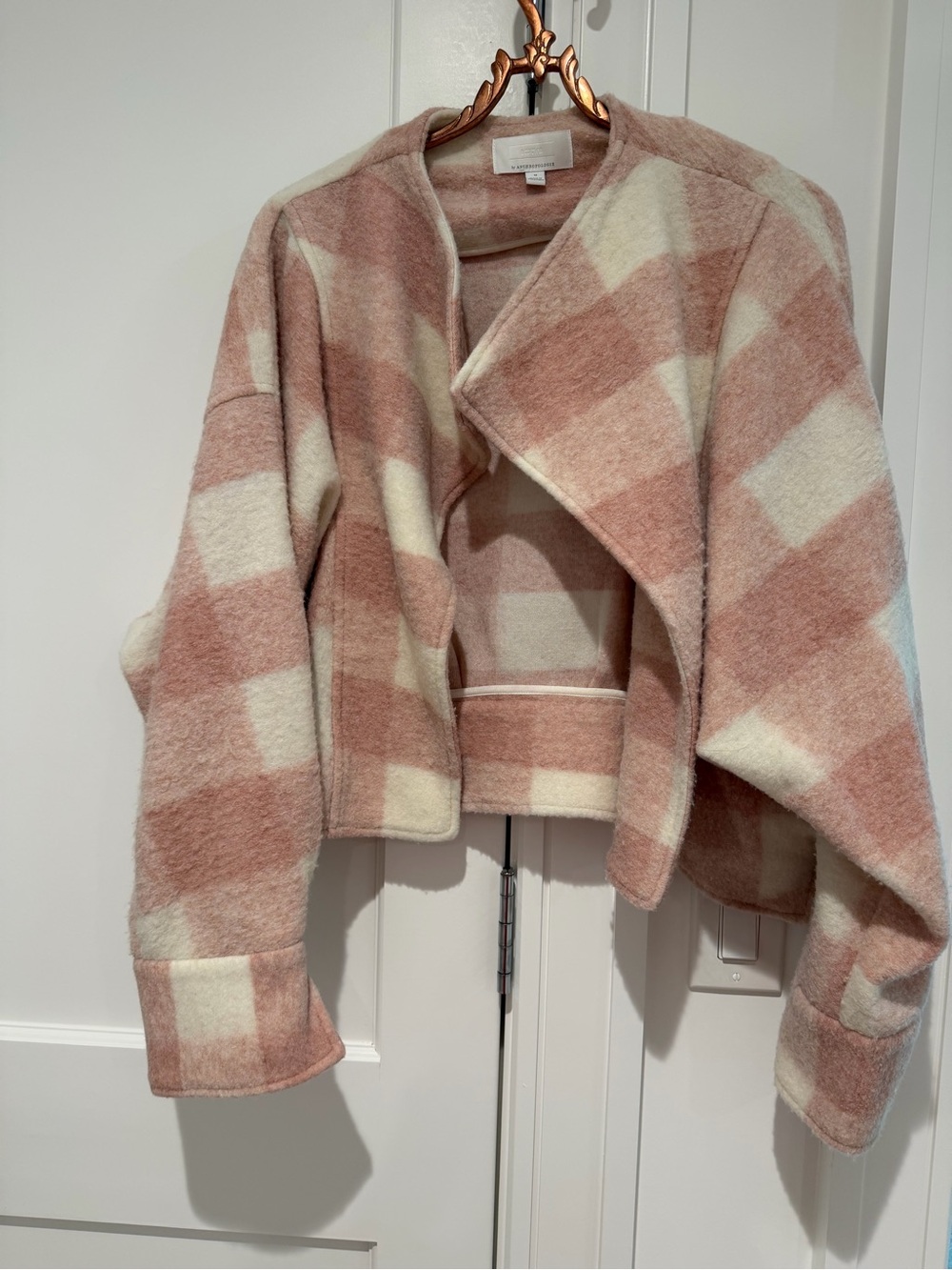 Anthropologie Pink and Cream Plaid Cropped Sweater Jacket